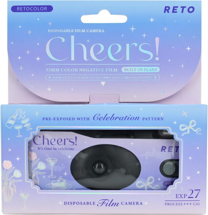 Retocolor Cheers 35mm Disposable Film Camera 27EXP, ISO400, Color Negative Film, Focus Free, Easy to Use, Built in Flash, Single Use (Film and Battery Included) (Cheers) - Image 1